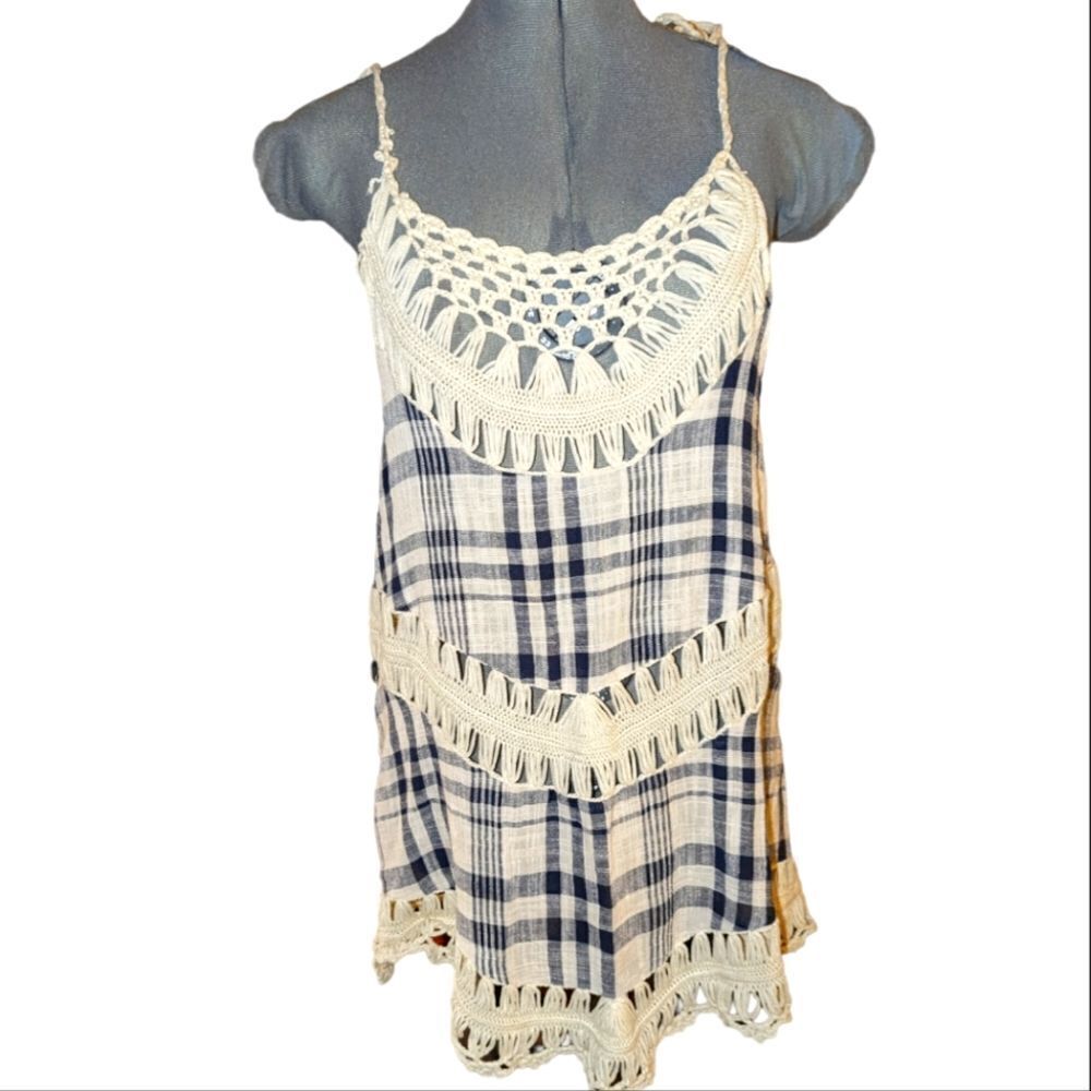 Entro blue and white checkered dress‎ with crochet details size medium